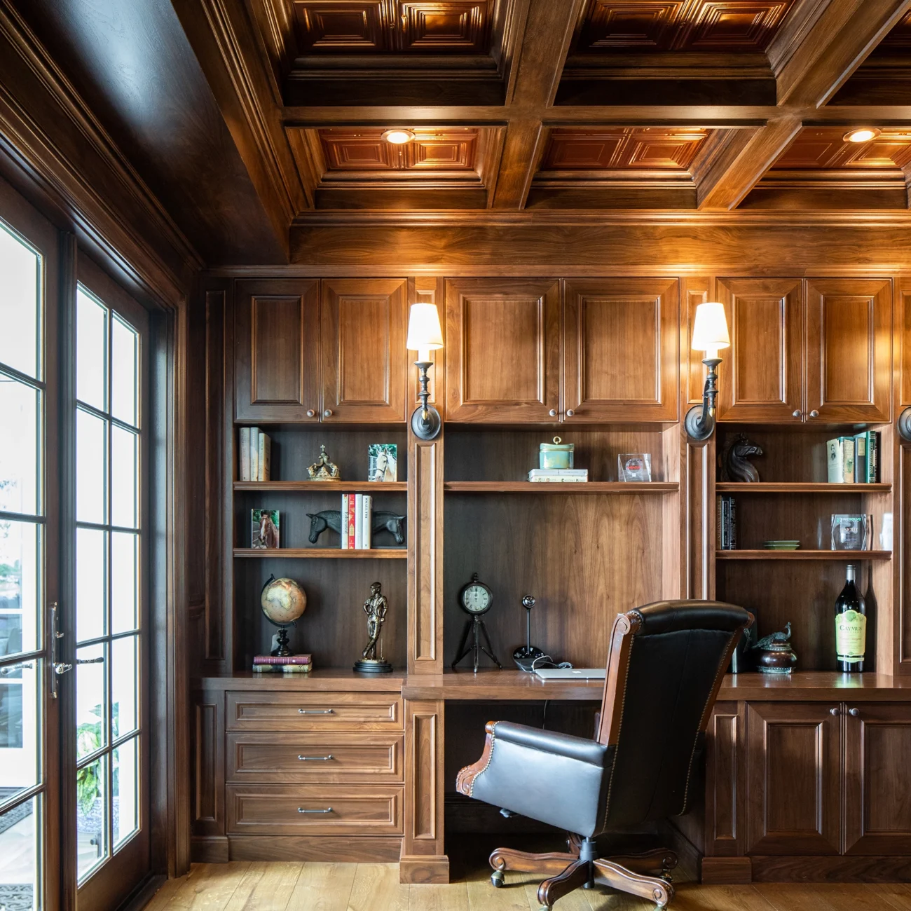 Christine Vroom Interiors Strawberry Lane | Traditional wood embellished study with built-ins leather furniture