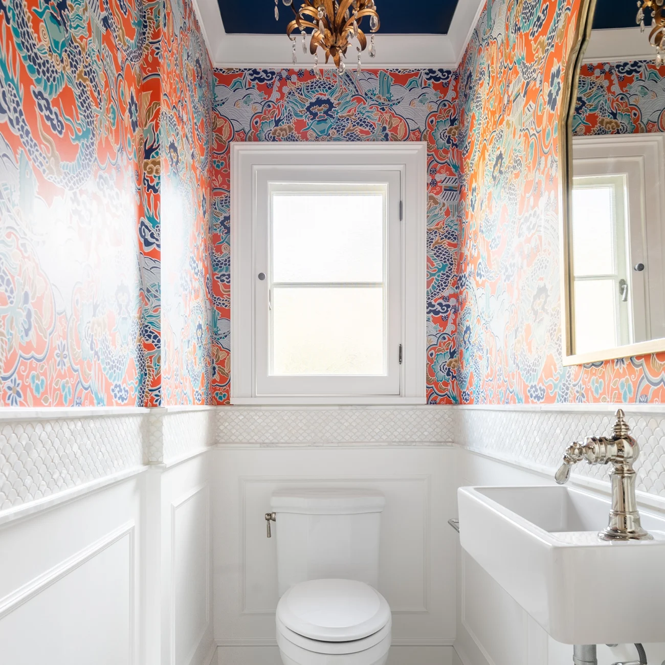 Christine Vroom Interiors | Via-Arriba | Brightly colored dining powder room with chandelier