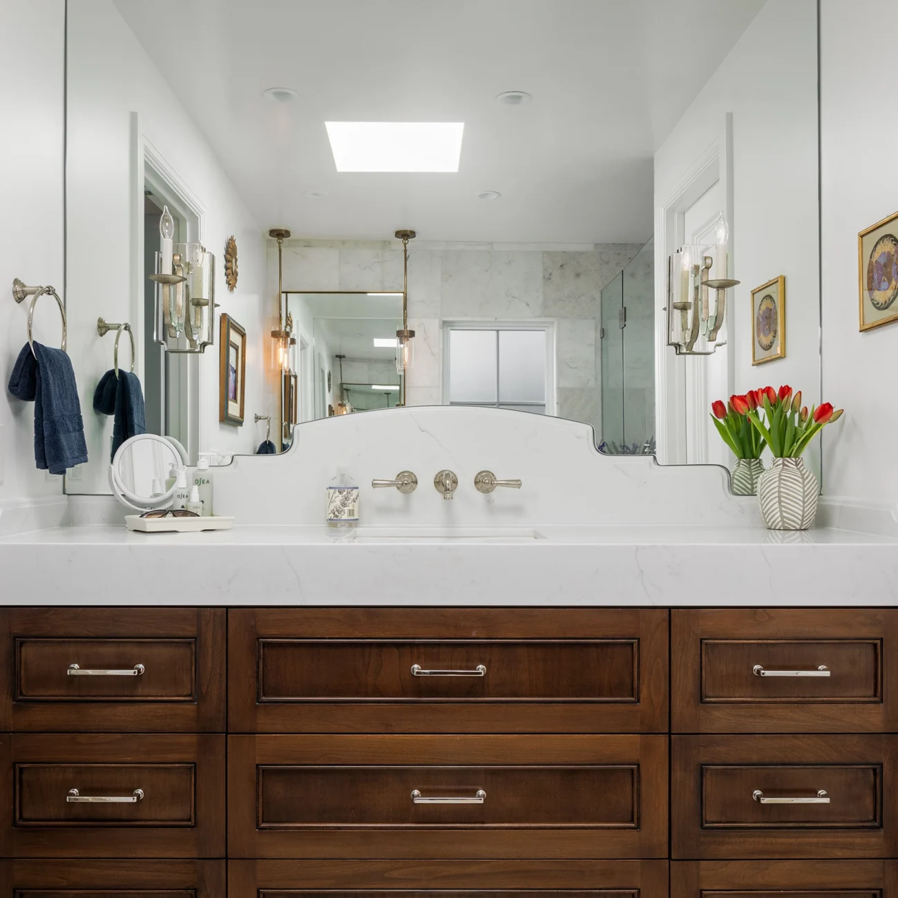 Christine Vroom Interiors | Via Arriba | Bright white bathroom with custom vanity