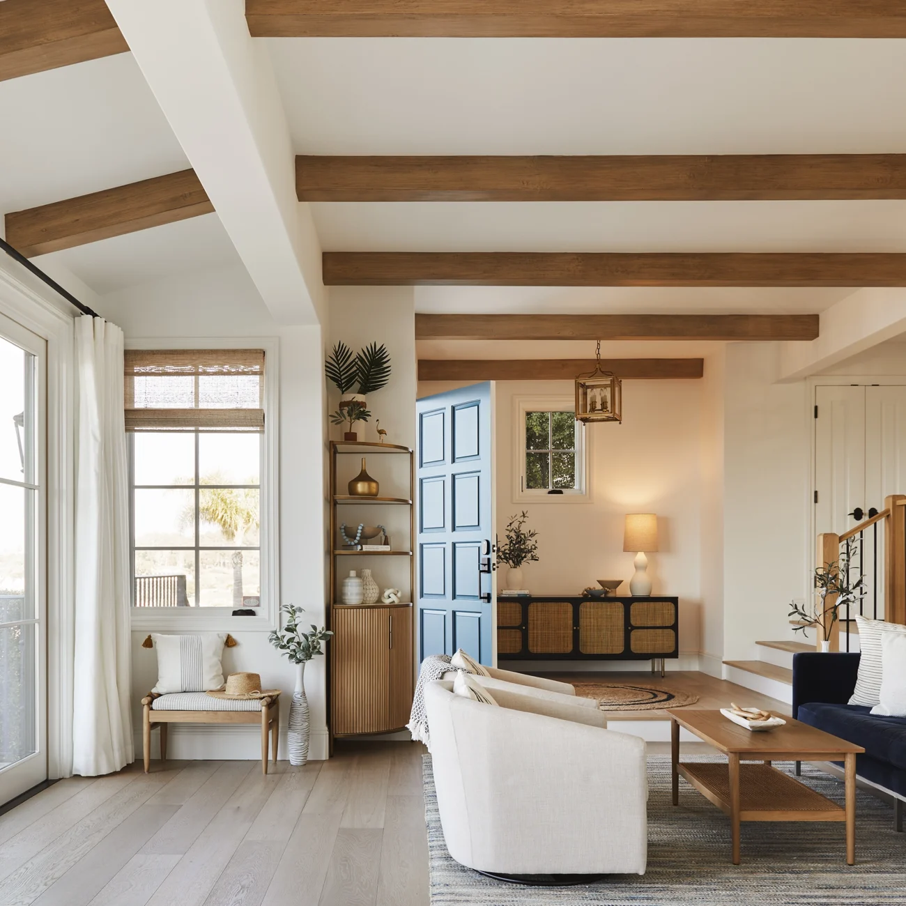 Christine Vroom Interiors | Via Almar | Costal Bright living room with exposed beams