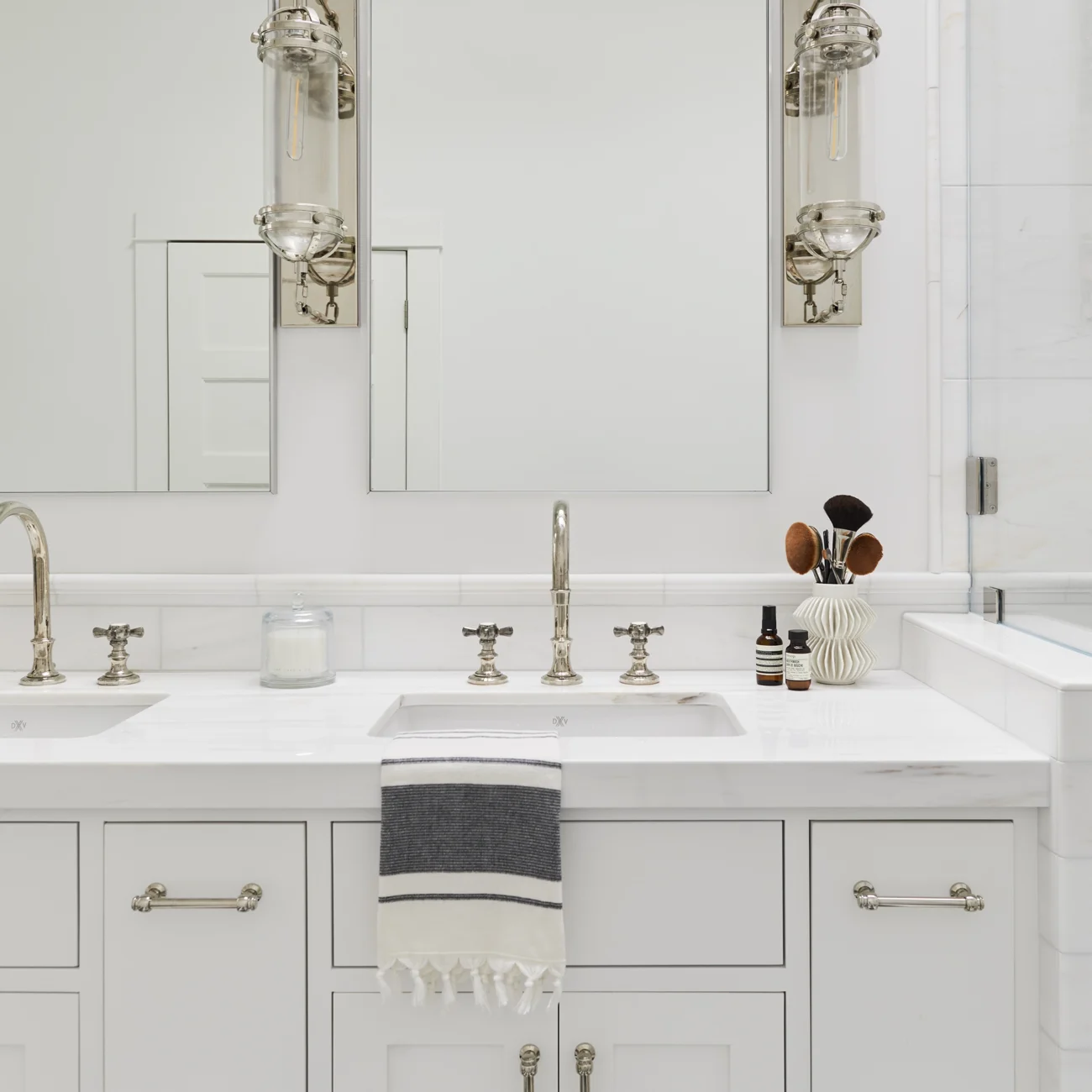 Christine Vroom Interiors | Marco | Modern white bathroom with two vanities