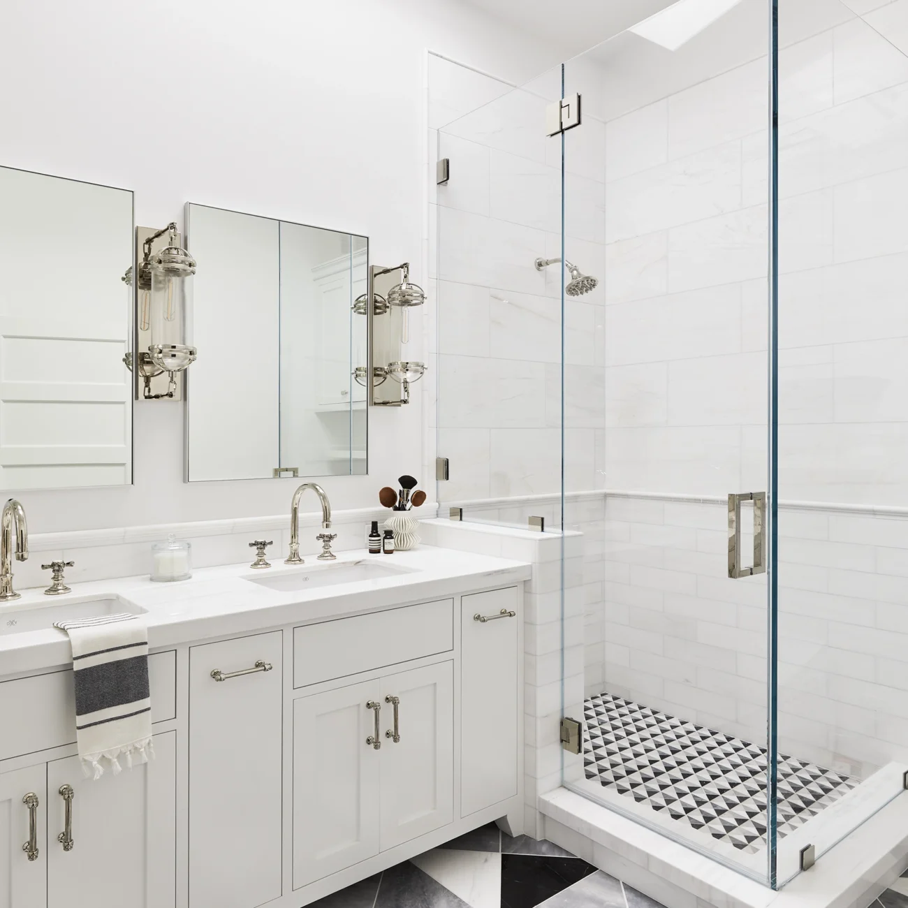Christine Vroom Interiors | Marco | Modern white bathroom with glass shower