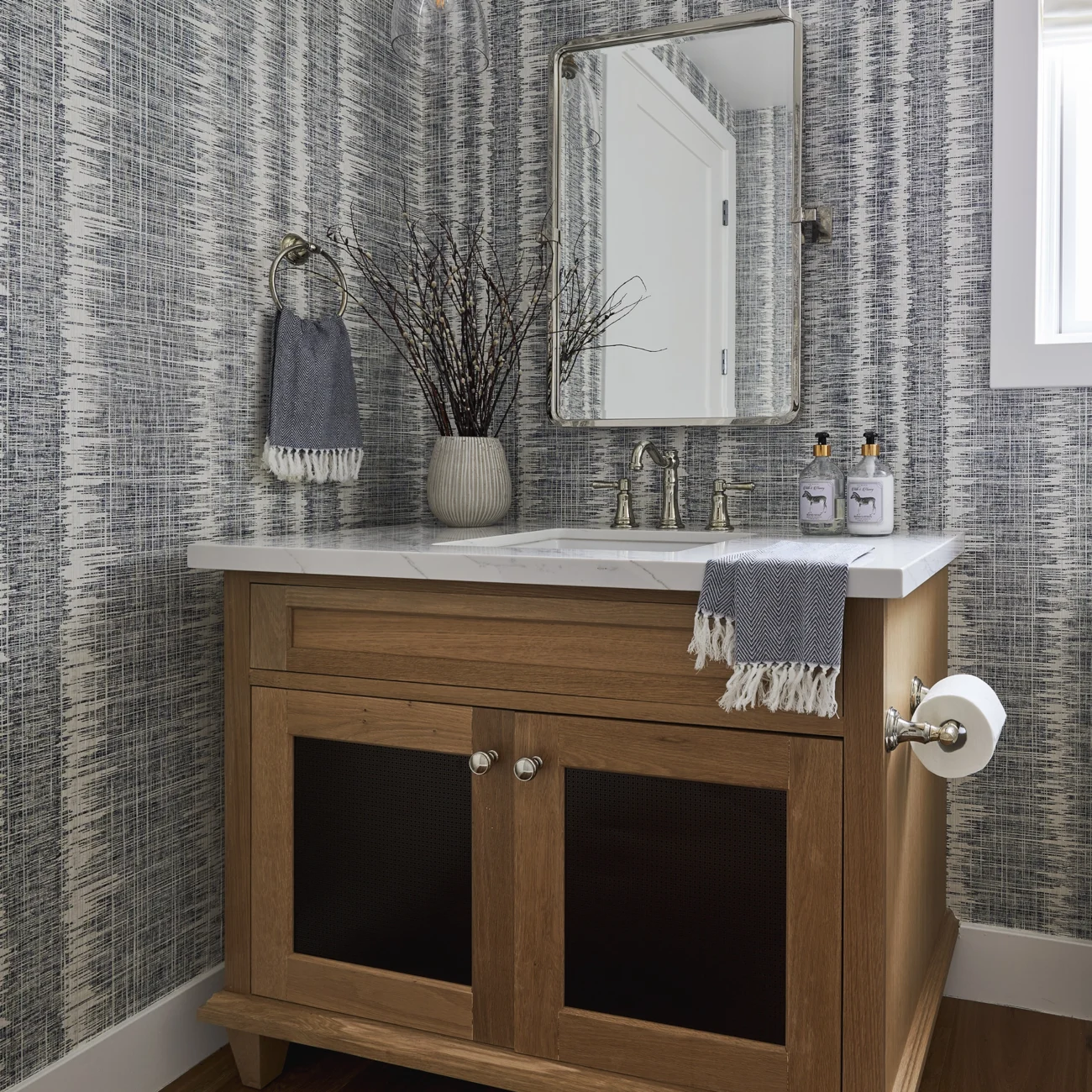 Christine Vroom Interiors | 27th | bright, costal bathroom with modern wallpaper