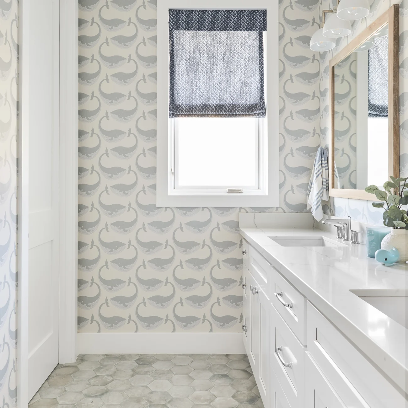 Christine Vroom Interiors | 27th | bright, costal bathroom with whale wallpaper