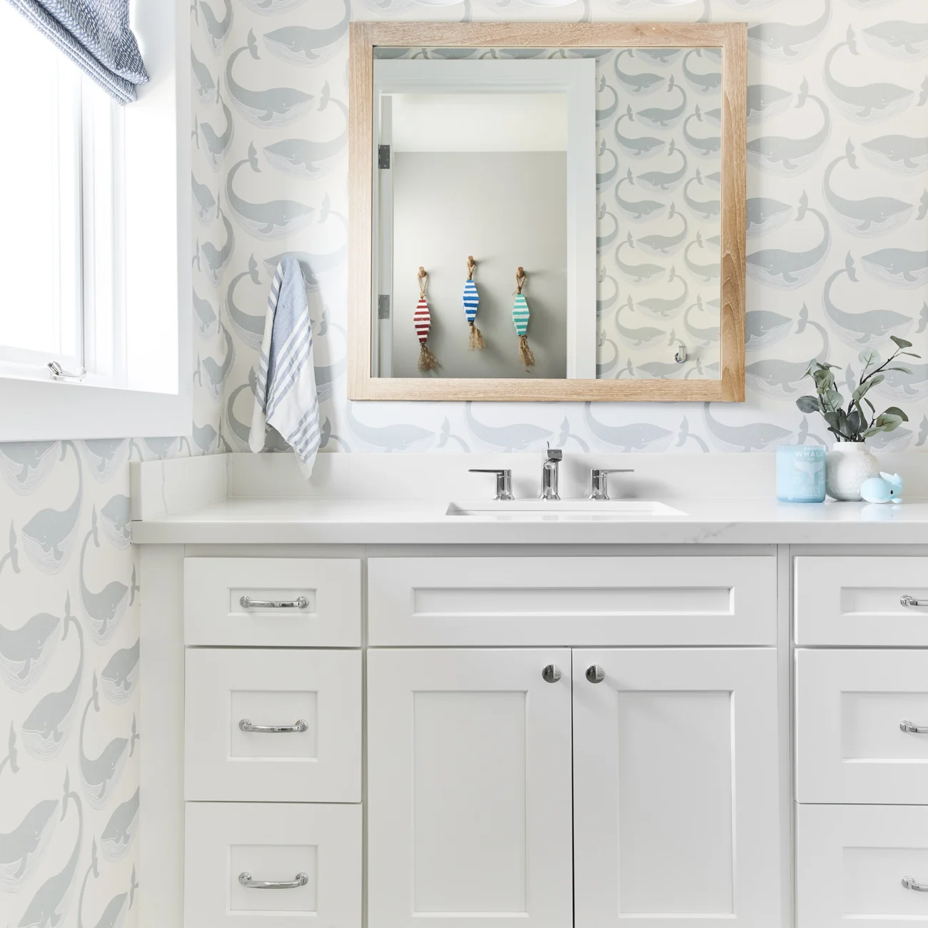 Christine Vroom Interiors | 27th | bright, costal bathroom with whale wallpaper