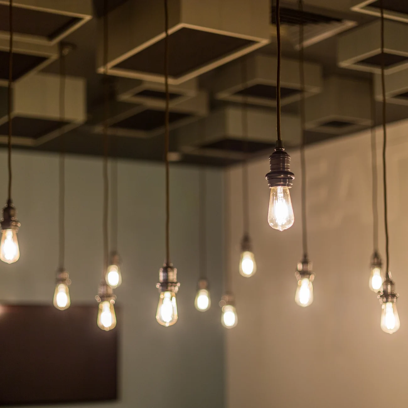 Christine Vroom-Interiors GoodStuff | Modern Restaurant Interior with vintage light bulb fixtures