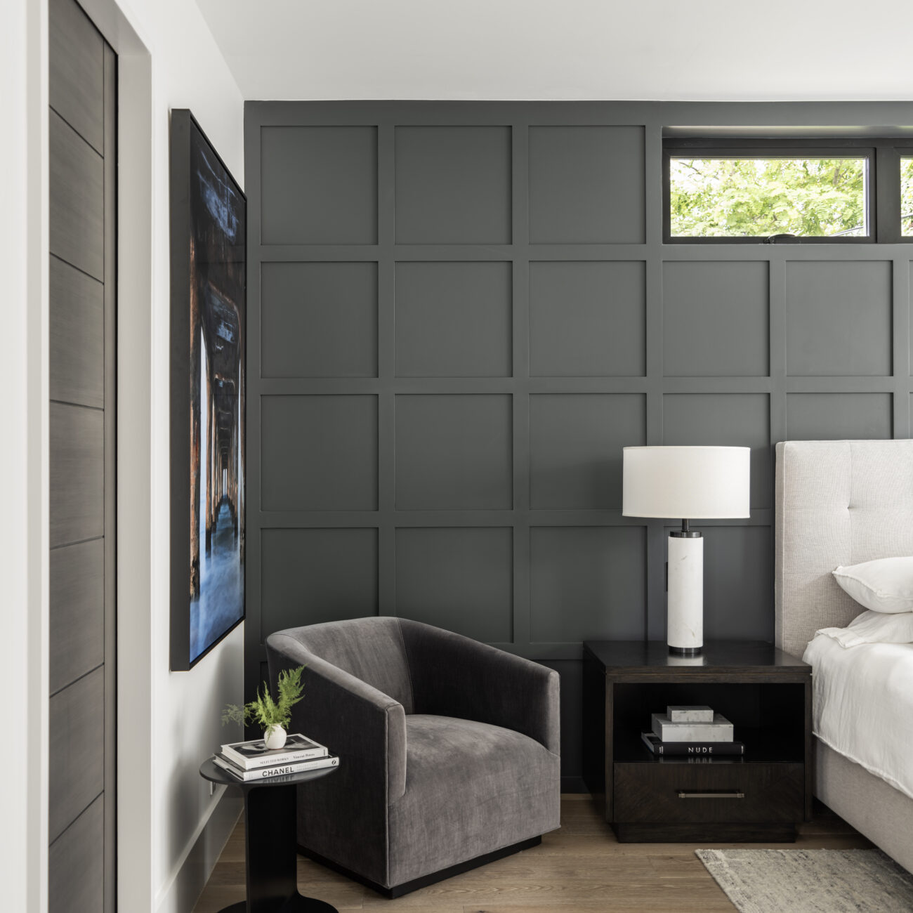 Christine Vroom Interiors | Laurel | Modern Grey and White Bedroom