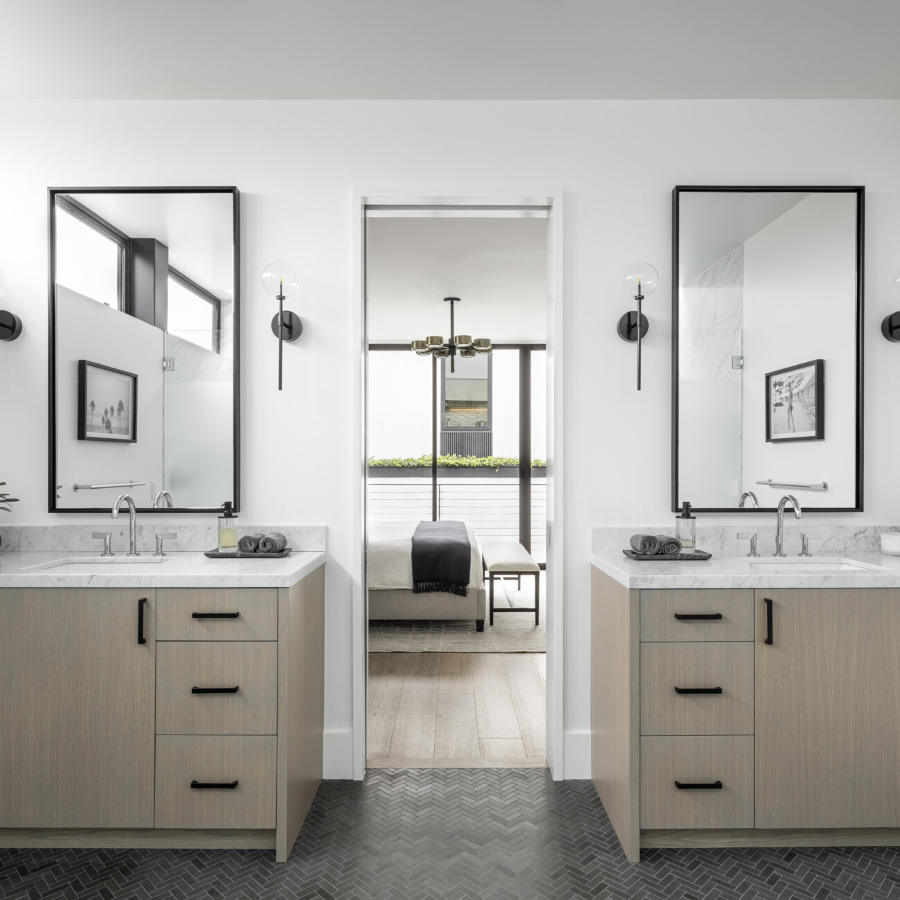 Christine Vroom Interiors | Laurel | Modern White Bathroom with two vanities