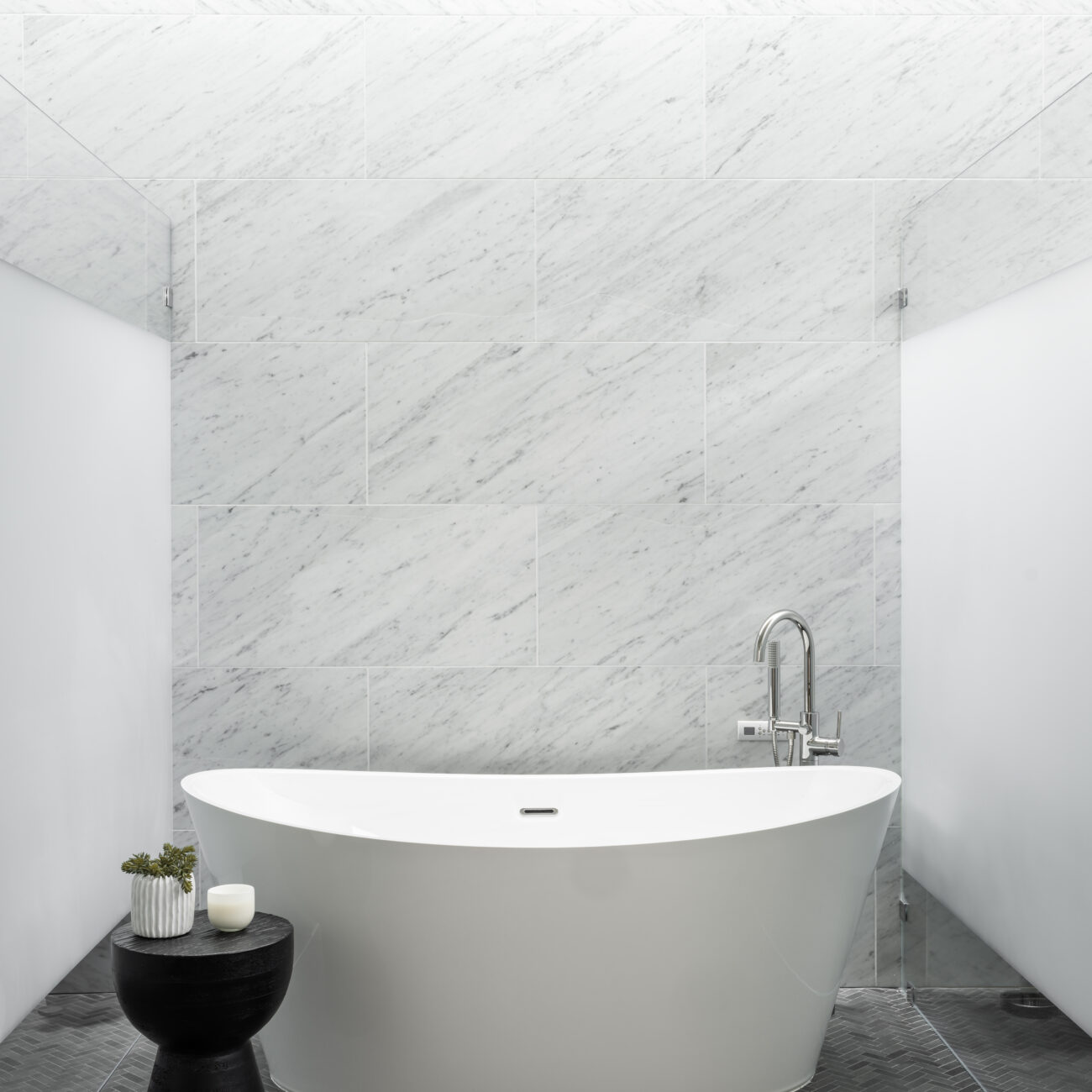 Christine Vroom Interiors | Laurel | Modern White Bathroom with soaker tub
