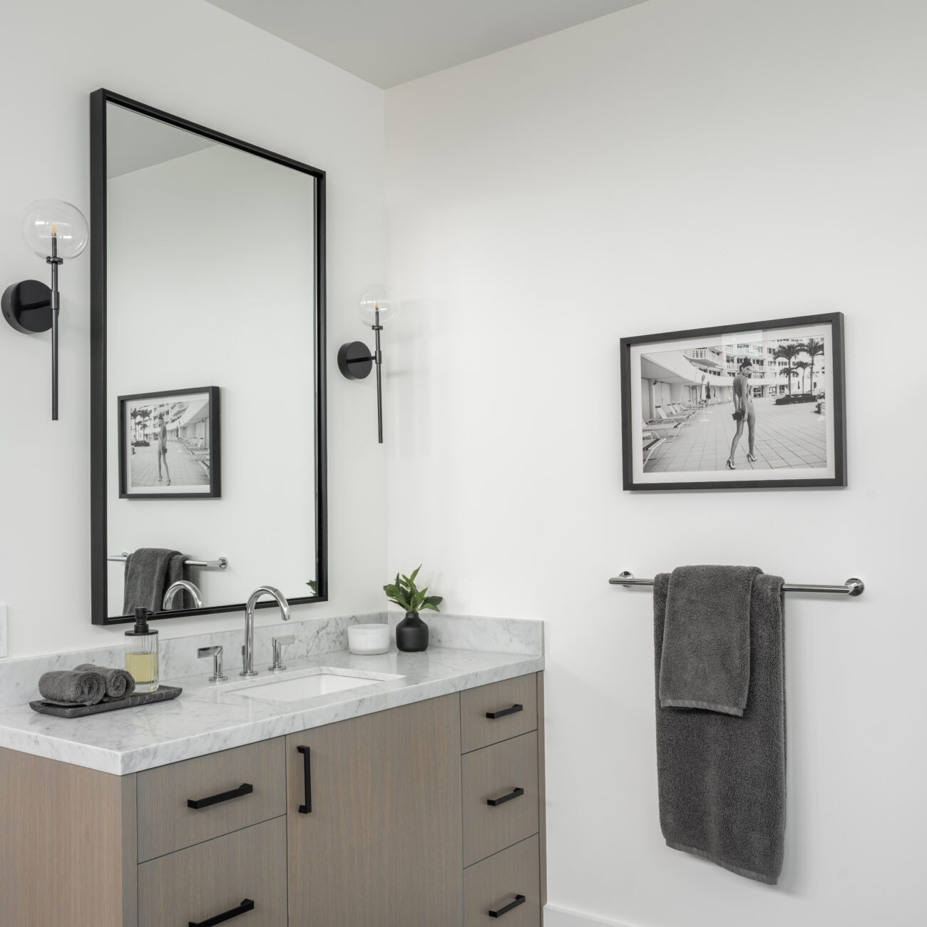 Christine Vroom Interiors | Laurel | Modern White Bathroom with light vanity