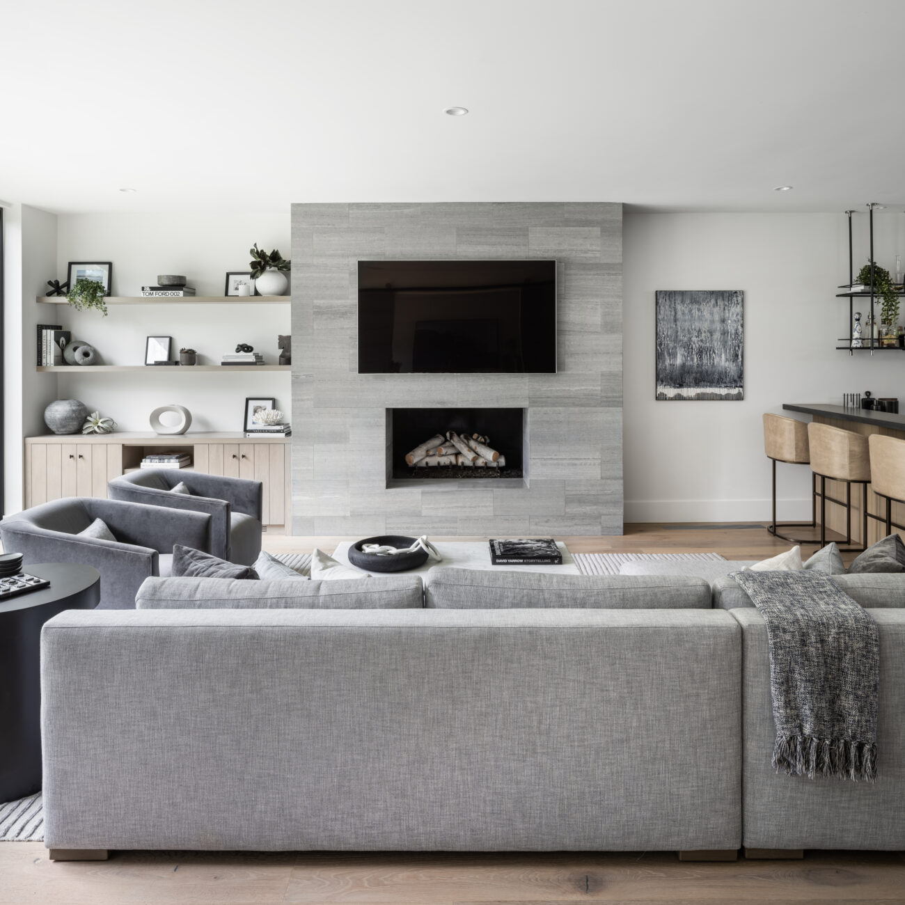 Christine Vroom Interiors | Laurel | Grey Modern Living with fireplace