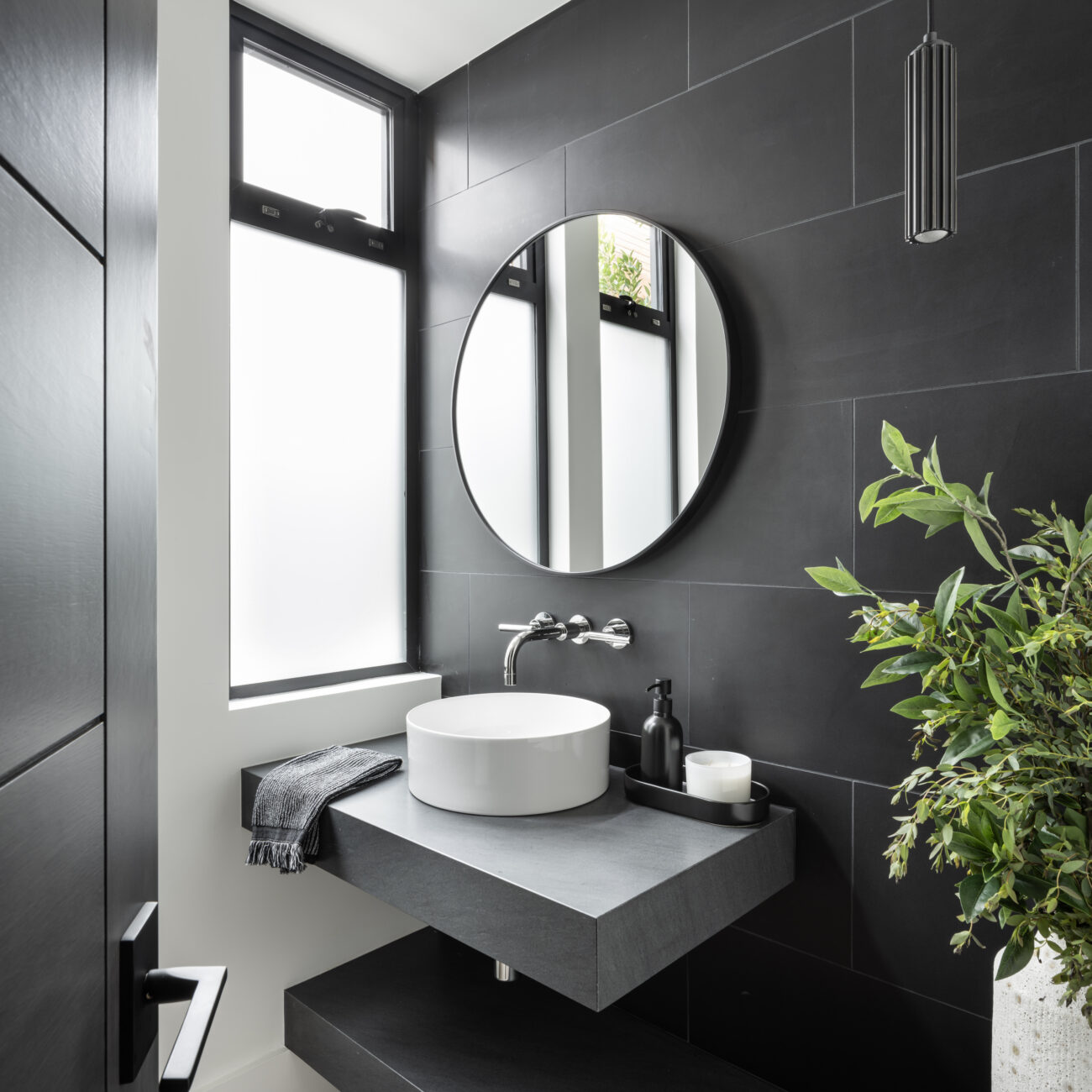 Christine Vroom Interiors | Laurel | Black Modern Bathroom with floating sink