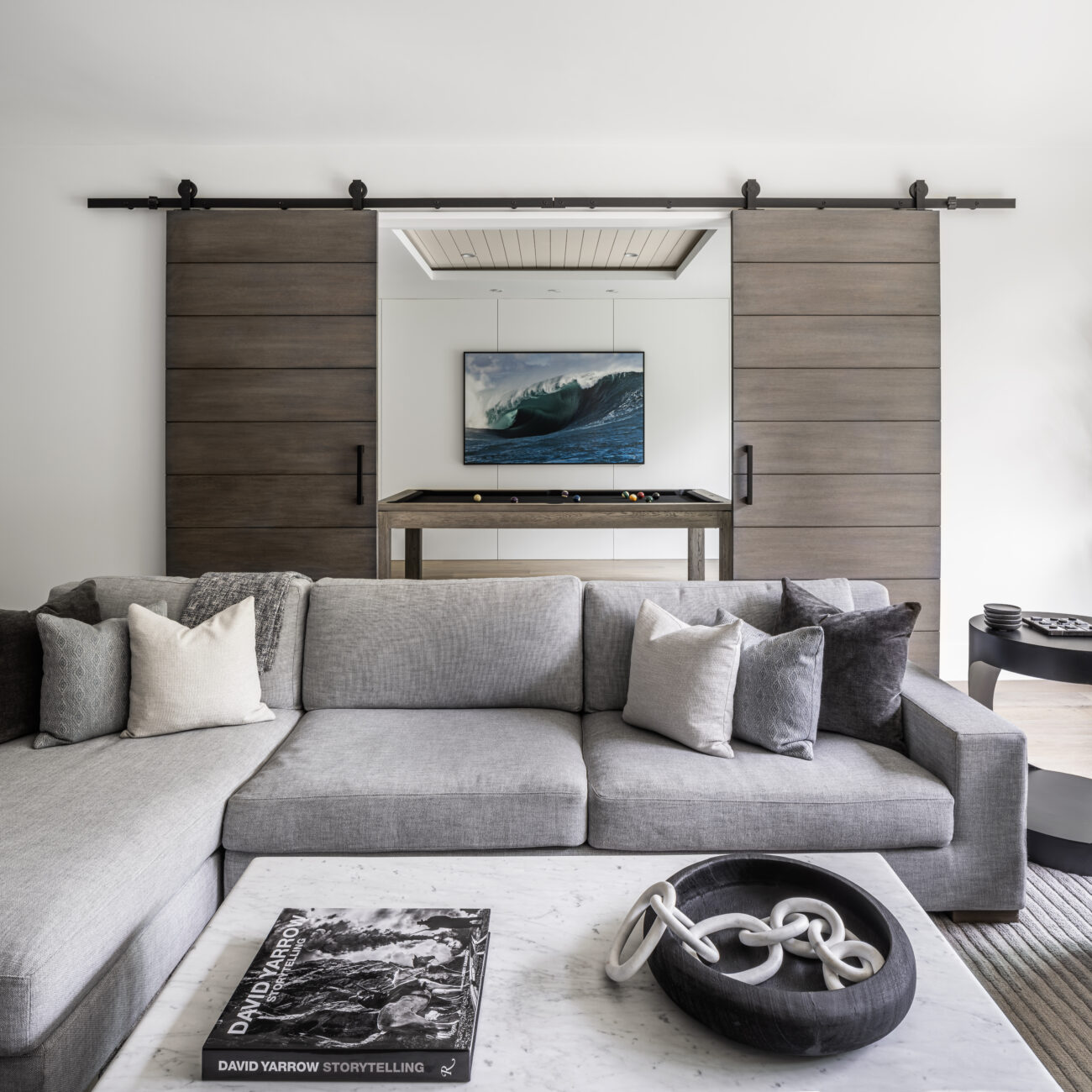 Christine Vroom Interiors | Laurel | Modern Grey Living Room and rolling doors
