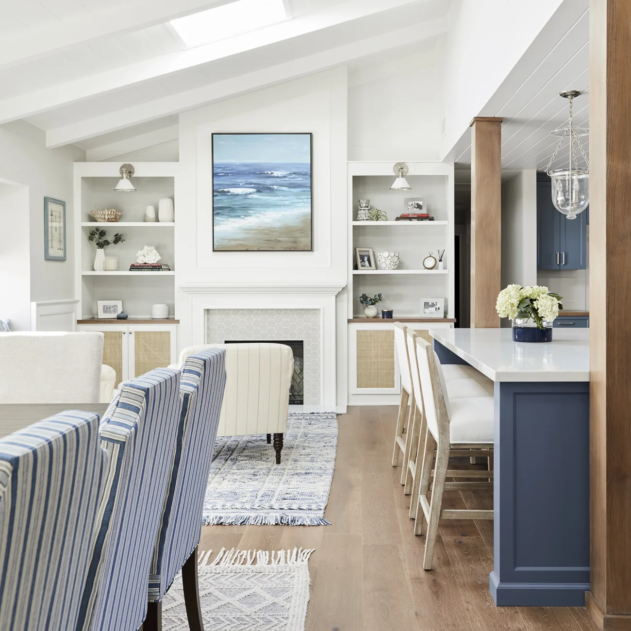 Christine Vroom Interiors | Flournoy | Costal Bright White Living Room with blue accents