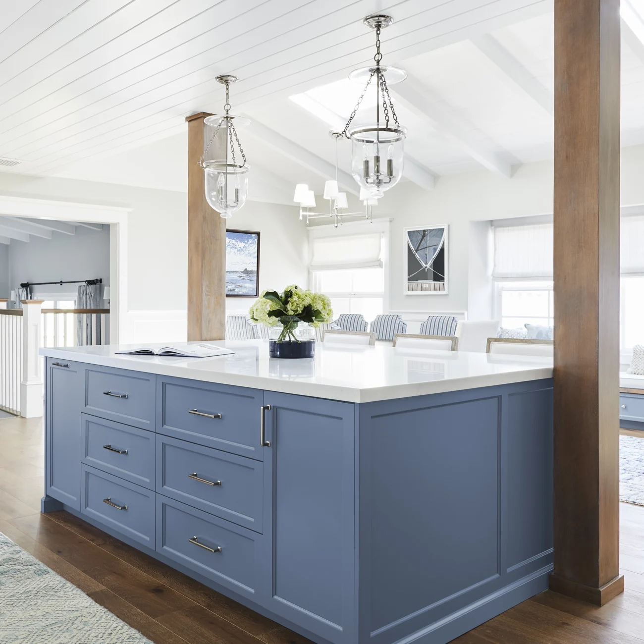 Christine Vroom Interiors | Flournoy | Costal White Kitchen with Blue Cabinets