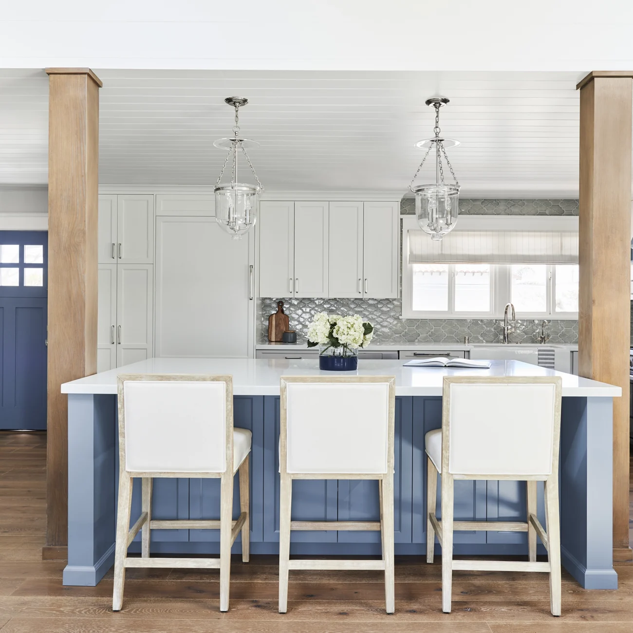 Christine Vroom Interiors | Flournoy | Costal White Kitchen with Blue cabinetry