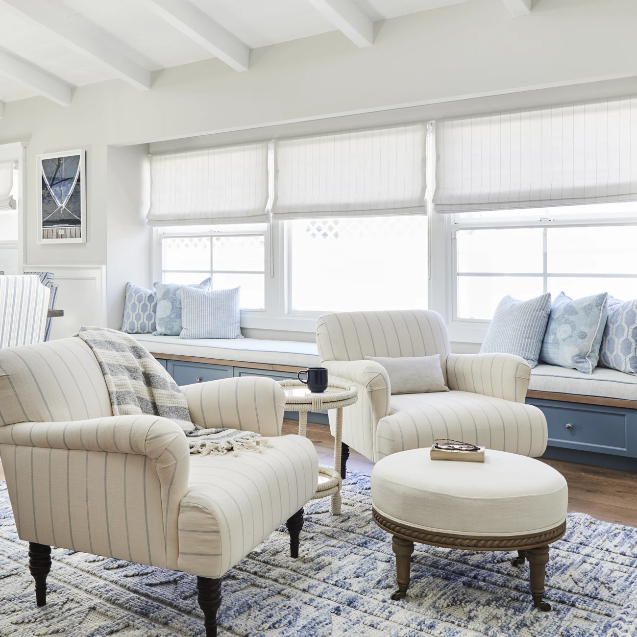 Christine Vroom Interiors | Flournoy | Costal White Living room and blue accents